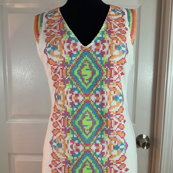 Wow Couture Embroidered Cross Stitch Boho White Sleeveless Dress Size Large - Picture 3 of 11